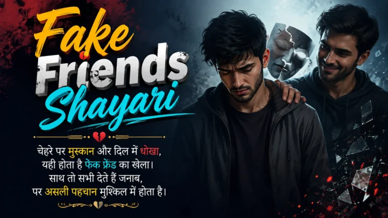 Fake Friends Shayari featuring a broken friendship theme with a sad friend and a deceptive companion