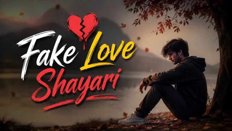Fake Love Shayari feature image with a broken heart graphic, stylish typography, and a lonely man sitting under a tree beside a misty lake, symbolizing heartbreak, betrayal, and emotional pain