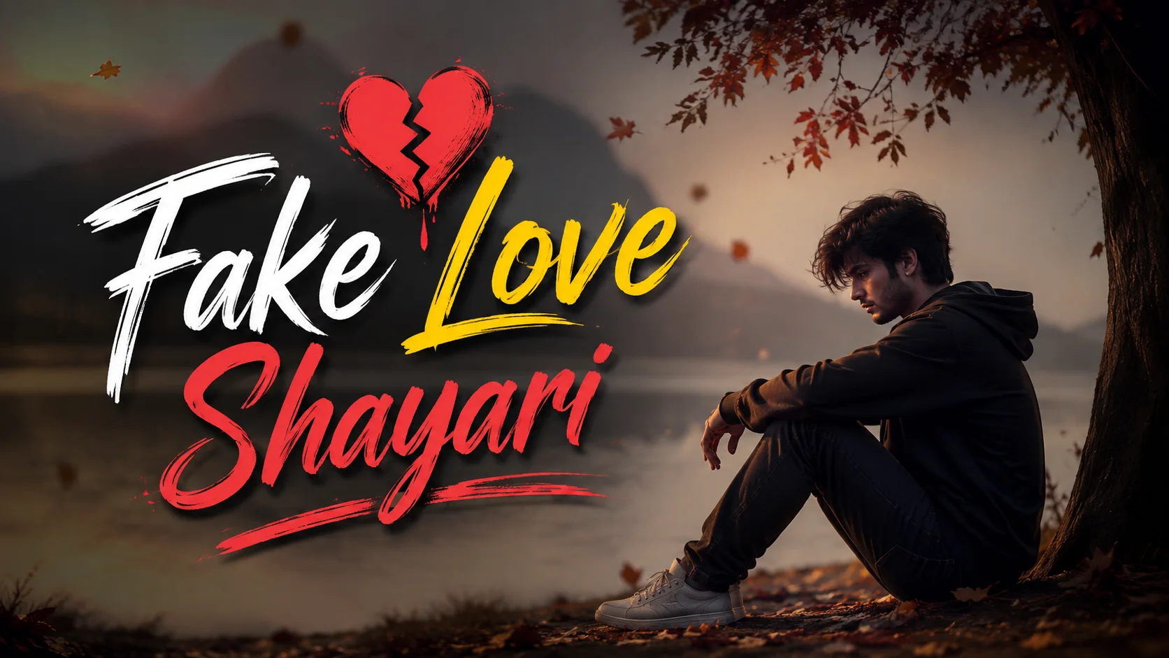 Fake Love Shayari feature image with a broken heart graphic, stylish typography, and a lonely man sitting under a tree beside a misty lake, symbolizing heartbreak, betrayal, and emotional pain