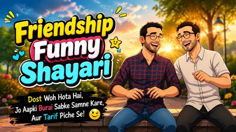 Friendship Funny Shayari featured image showing two best friends sitting on a bench at sunset, laughing and joking together, with colorful “Friendship Funny Shayari” text and a humorous friendship quote.