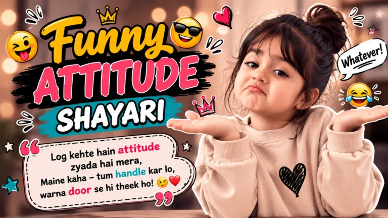 Funny Attitude Shayari featured image showing a cute girl with a playful attitude, surrounded by colorful emojis, hearts, stars, and bold typography on a vibrant background.