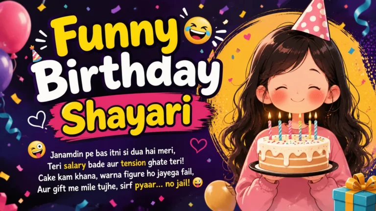 Funny Birthday Shayari featuring a cute girl holding a birthday cake, colorful balloons and confetti, with bold yellow, white, and pink “Funny Birthday Shayari” text.