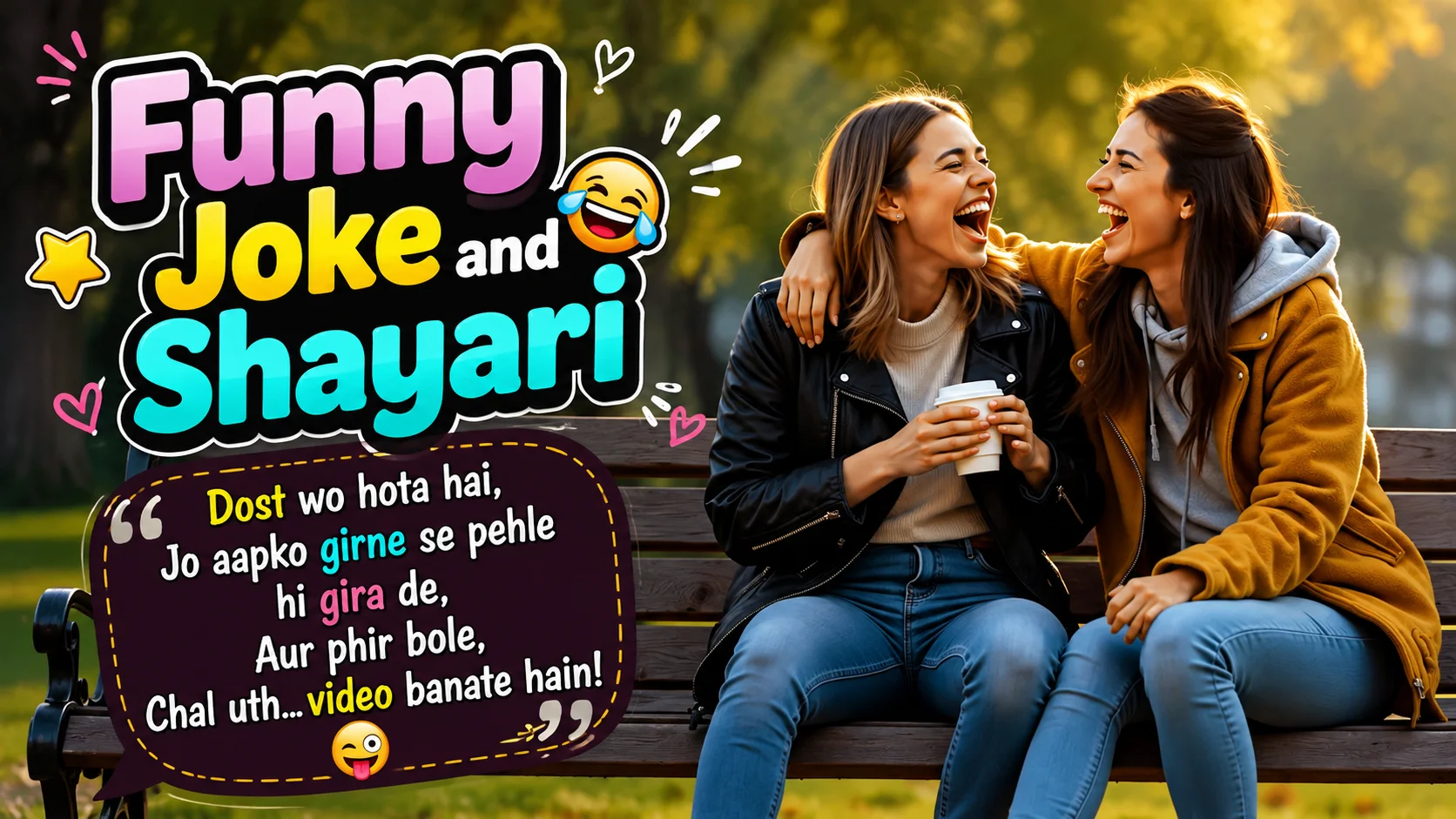 Funny Joke and Shayari featured image showing two best friends laughing together on a park bench, with colorful “Funny Joke and Shayari” text and a humorous friendship quote.