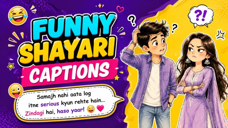 Funny Shayari Captions featured image showing a confused boy and an annoyed girl in a playful cartoon style, with colorful typography, emojis, question marks, and a vibrant purple and yellow background.