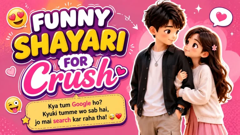 Funny Shayari for Crush featured image showing a cute cartoon couple in a romantic pose, with colorful typography, hearts, emojis, and a vibrant pink background.