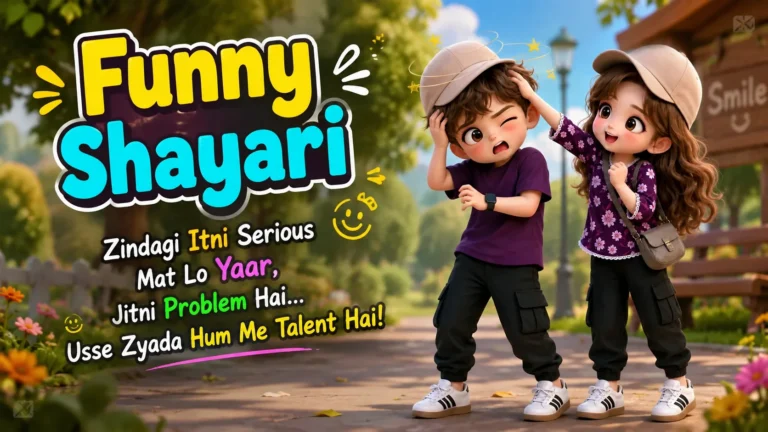 Funny Shayari featured image showing two cute 3D cartoon kids in a colorful garden, with a playful boy reacting humorously as a cheerful girl teases him, alongside stylish “Funny Shayari” text.