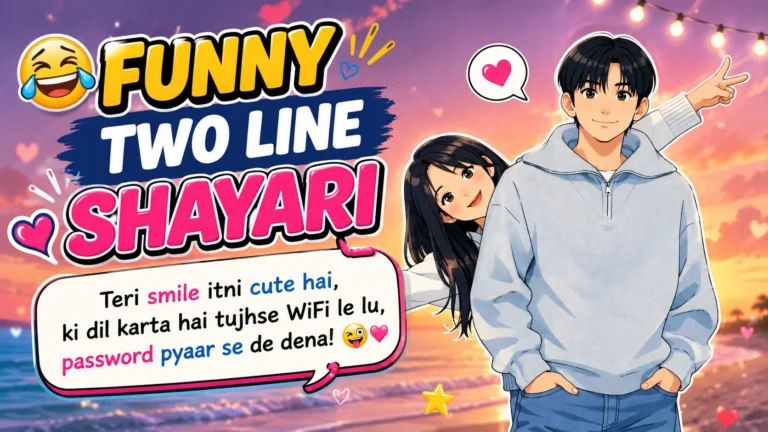 Funny Two Line Shayari featured image showing a cute anime-style couple at a romantic sunset beach, with colorful typography, hearts, emojis, and a playful shayari speech bubble.