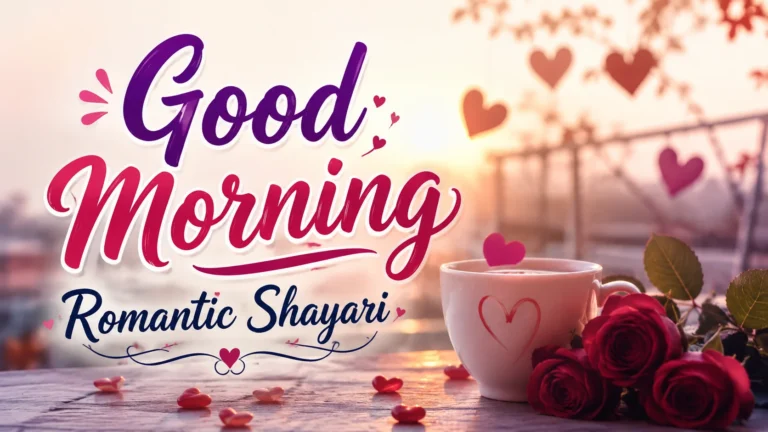 Good Morning Romantic Shayari with roses, coffee cup, hearts, and a beautiful sunrise background