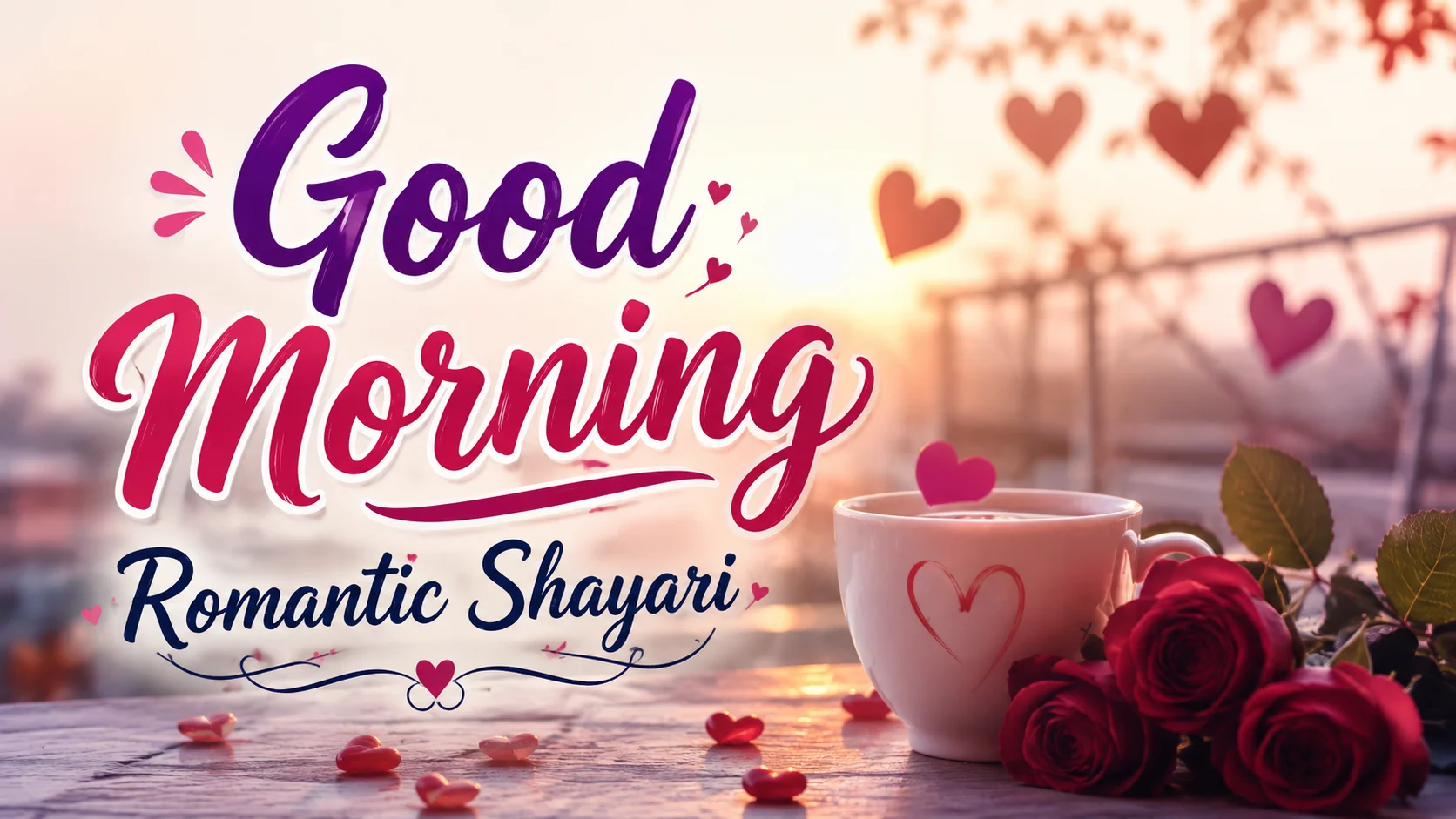 Good Morning Romantic Shayari with roses, coffee cup, hearts, and a beautiful sunrise background