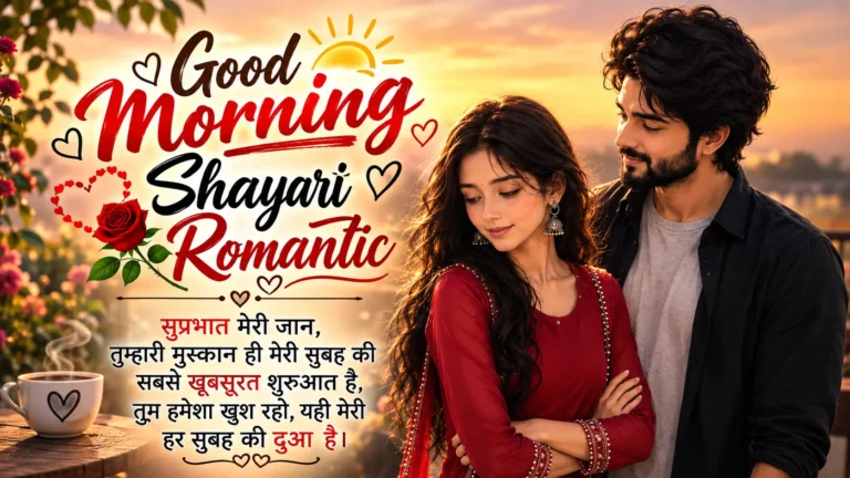 Good Morning Shayari Romantic featuring a couple enjoying a beautiful sunrise with romantic flowers and love-themed decorations