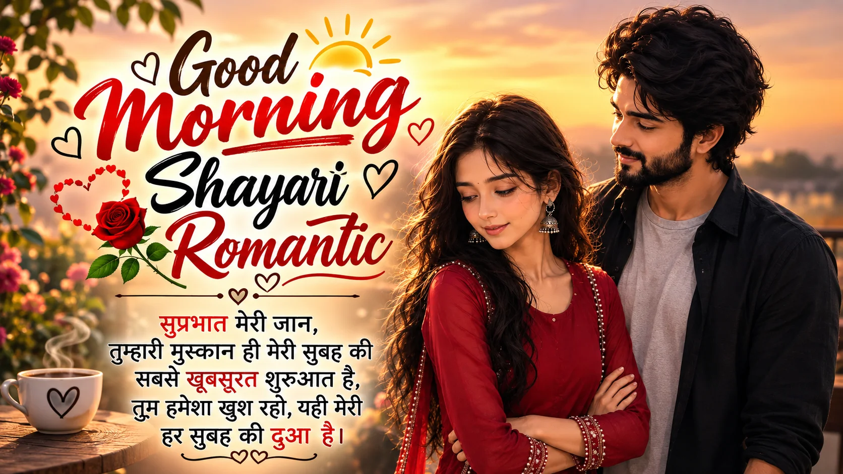 Good Morning Shayari Romantic featuring a couple enjoying a beautiful sunrise with romantic flowers and love-themed decorations