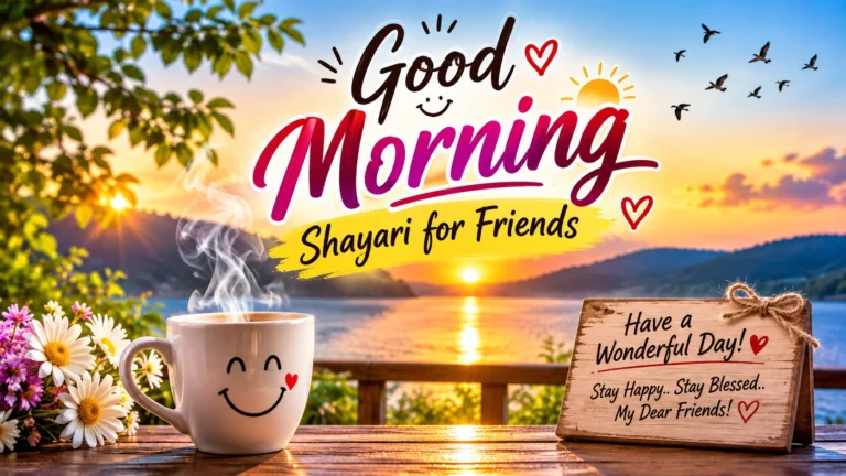 Good Morning Shayari for Friends featuring a colorful sunrise, lake view, coffee cup, flowers, birds, and a cheerful friendship greeting.