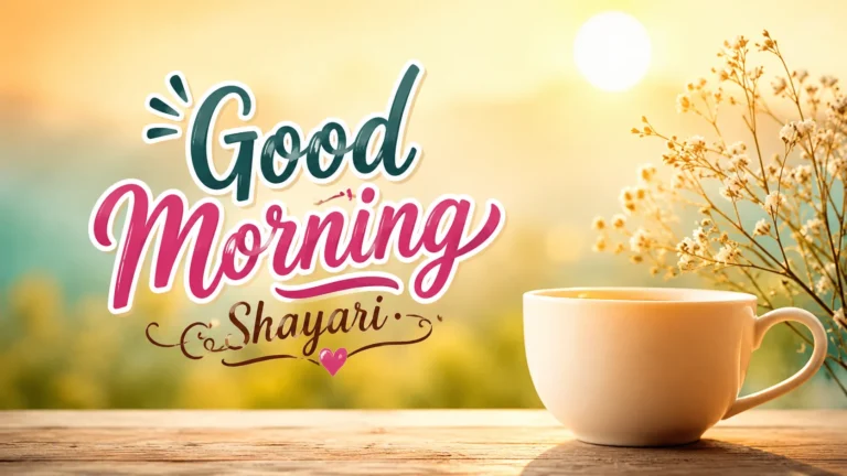 Good Morning Shayari with a warm sunrise, coffee cup, and flowers