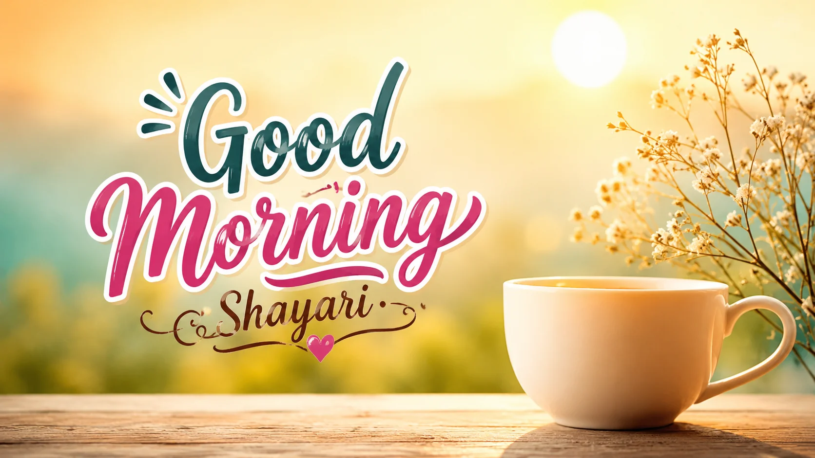 Good Morning Shayari with a warm sunrise, coffee cup, and flowers