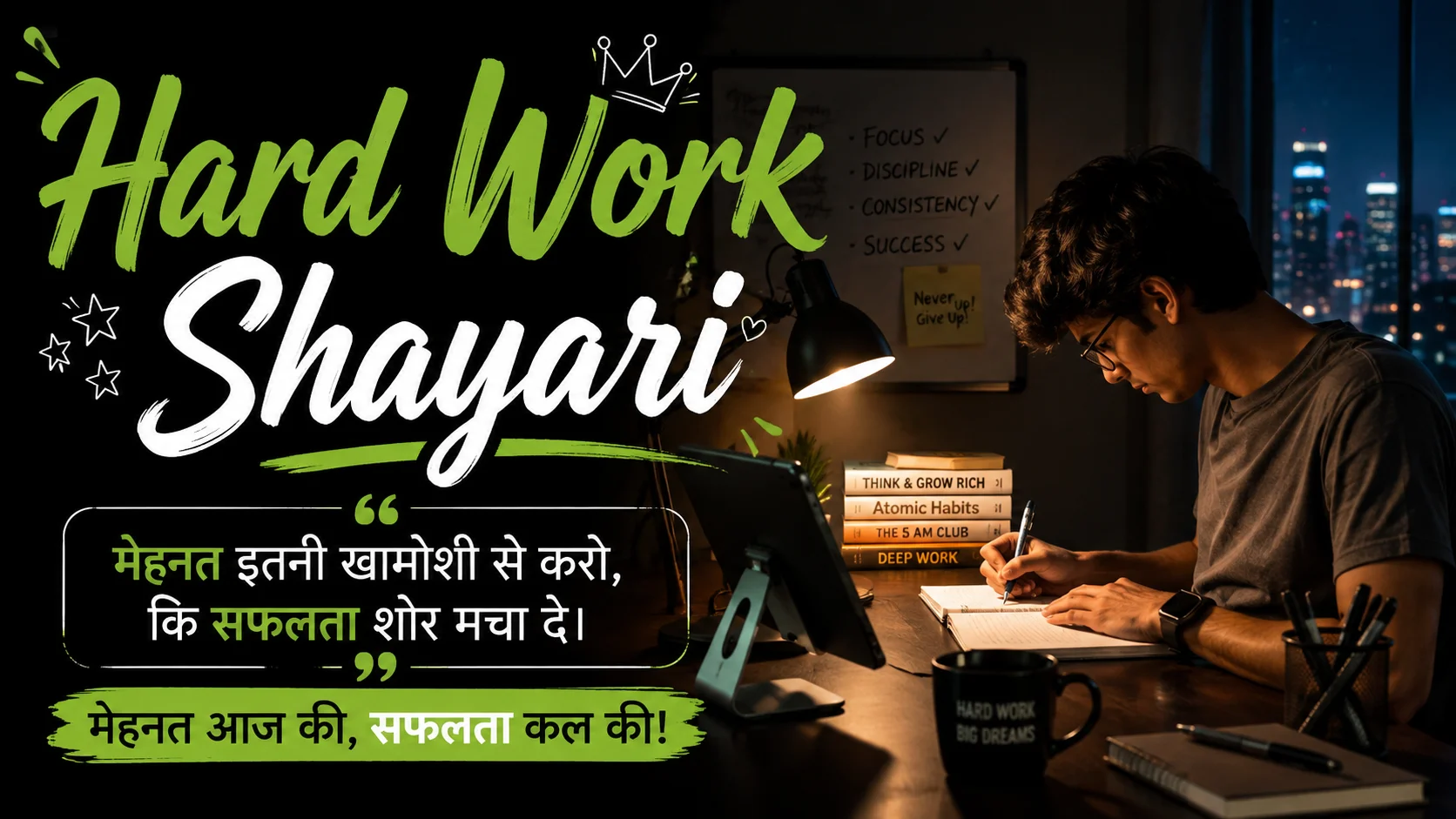 Hard Work Shayari featured image showing a focused young man studying and writing at a desk at night with motivational books and inspirational typography