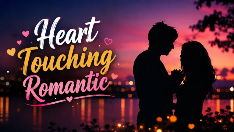 Heart Touching Romantic Shayari featuring a loving couple in silhouette against a beautiful pink and purple sunset with glowing bokeh lights.