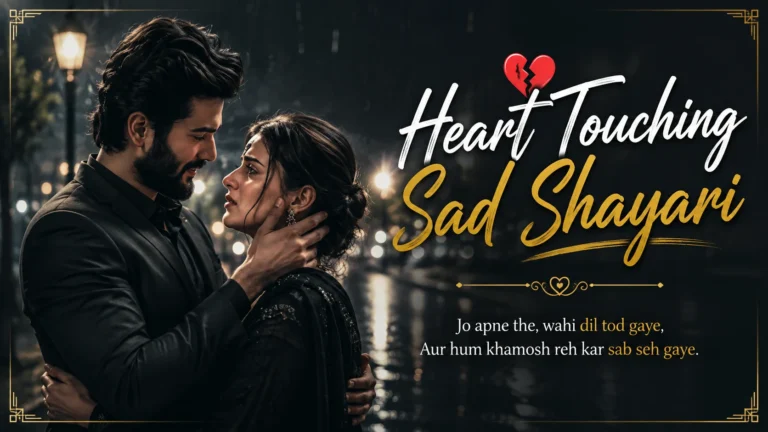 Heart Touching Sad Shayari in Hindi feature image featuring an emotional couple with a dark cinematic background.