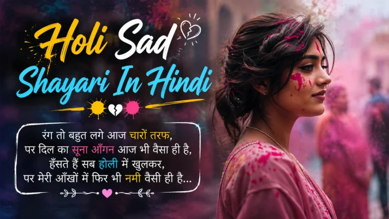 Holi Sad Shayari In Hindi featured image showing a sad woman with Holi colors on her face, surrounded by colorful powder and a blurred festive background, expressing heartbreak, loneliness, and emotional pain.