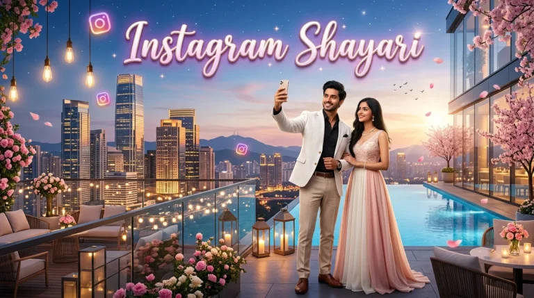 Instagram Shayari Hindi Love "A young couple takes a selfie on a rooftop with a city view and 'Instagram Shayari' text