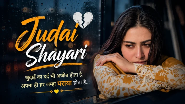 Judai Shayari featured image with a sad girl, rainy background, broken heart icon, and stylish typography expressing separation and emotional pain
