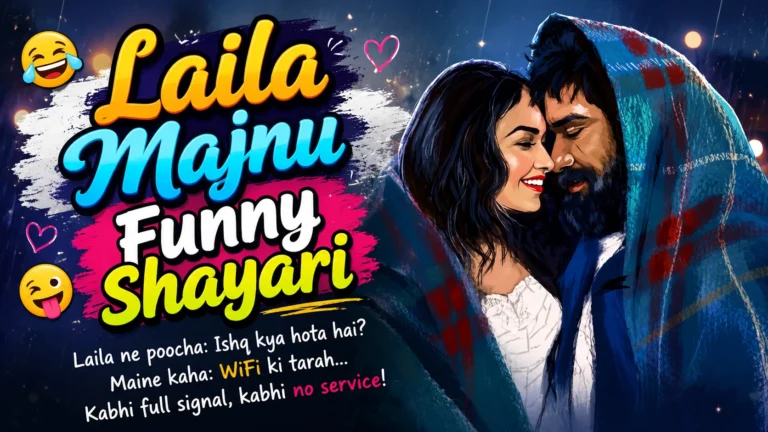 Laila Majnu Funny Shayari thumbnail featuring a romantic couple under a colorful shawl, with playful emojis, hearts, and bold “Laila Majnu Funny Shayari” text on a dark background.
