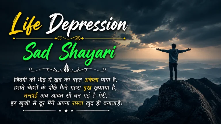 Life Depression Sad Shayari featured image showing a lonely person standing on a mountain peak with open arms, surrounded by dark clouds, misty mountains, and a dramatic sunset, expressing sadness, loneliness, pain, and struggle in life