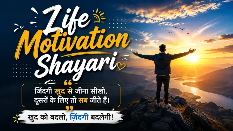 Life Motivation Shayari featured image showing a person standing on a mountain overlooking a beautiful sunrise and valley with inspirational motivational typography