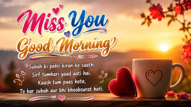 Miss You Good Morning Love Shayari featuring a romantic sunrise background, heart-shaped decor, coffee cup, and heartfelt morning message.