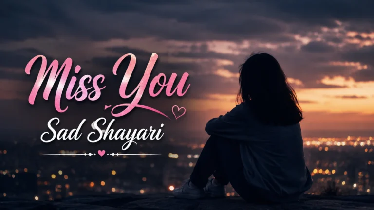 Miss You Sad Shayari featured image showing a lonely woman sitting alone at sunset with a blurred city lights background and stylish 'Miss You Sad Shayari' text, expressing heartbreak, loneliness, emotional pain, and missing someone deeply