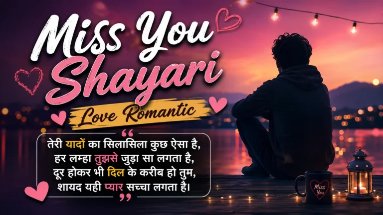 Miss You Shayari Love Romantic featured image showing a lonely person sitting by a peaceful lake at sunset, expressing love, longing, and missing someone special.