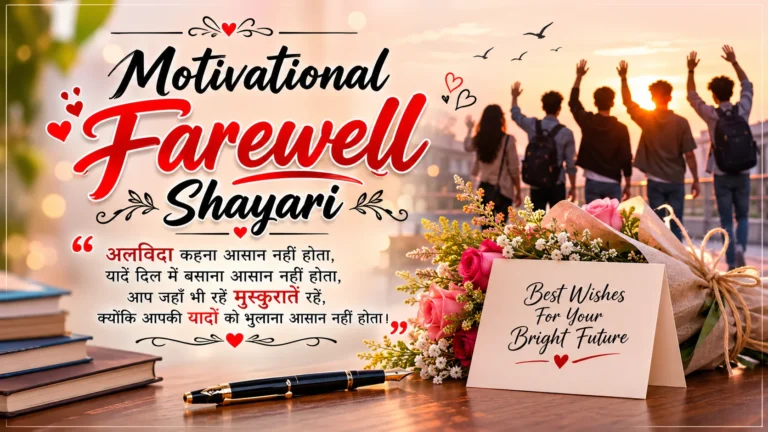 Motivational Farewell Shayari featuring farewell wishes, flowers, friends, and a bright future message