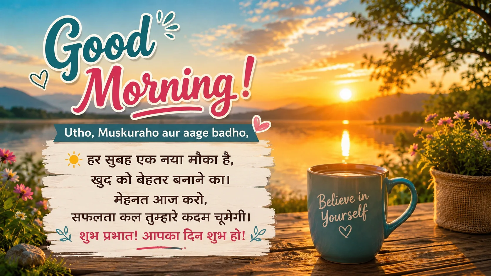 Motivational Good Morning Shayari with a beautiful sunrise, peaceful lake, colorful flowers, and an inspirational message for a positive day.