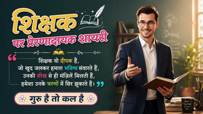 Motivational Shayari on Teacher in Hindi featuring an inspiring teacher in a classroom with a motivational quote