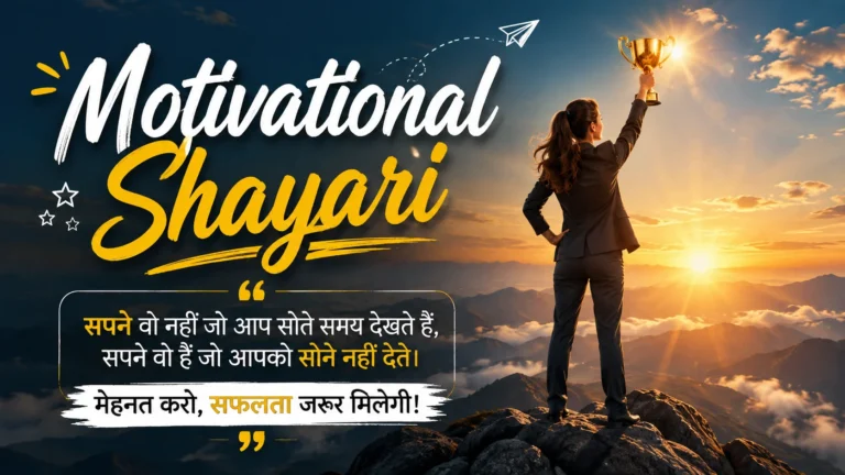 Motivational Shayari featured image showing a successful woman standing on a mountain peak holding a trophy at sunrise with inspirational typography