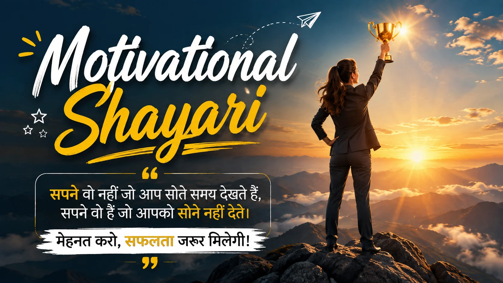 Motivational Shayari featured image showing a successful woman standing on a mountain peak holding a trophy at sunrise with inspirational typography