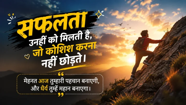 Motivational Status in Hindi featured image showing a determined man climbing a rocky mountain at sunset with inspirational Hindi motivational quotes
