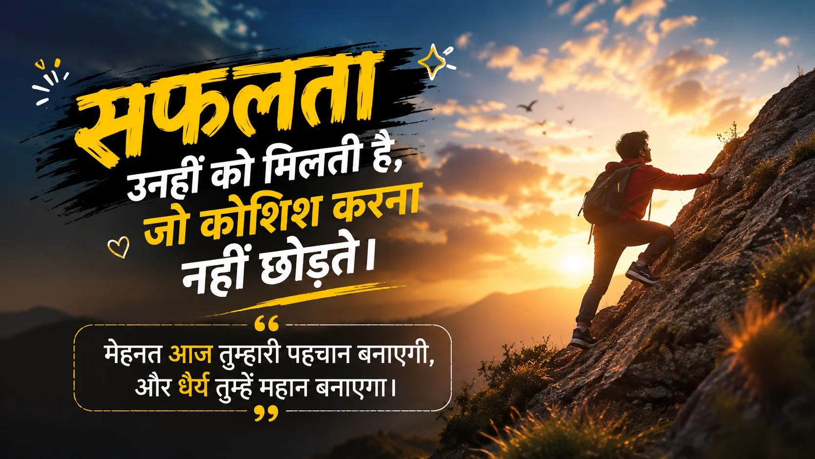 Motivational Status in Hindi featured image showing a determined man climbing a rocky mountain at sunset with inspirational Hindi motivational quotes