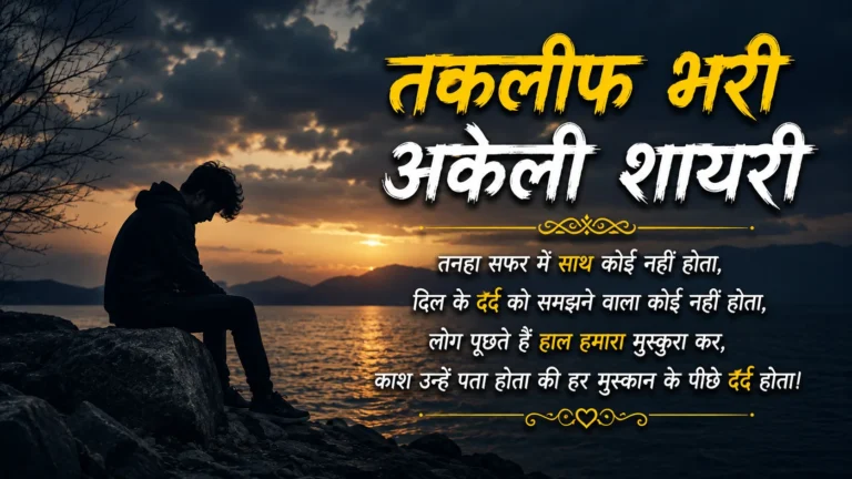 Painful Alone Sad Shayari featured image showing a lonely man sitting on rocks beside a lake at sunset, with dark clouds and Hindi sad poetry text expressing loneliness and hidden pain.