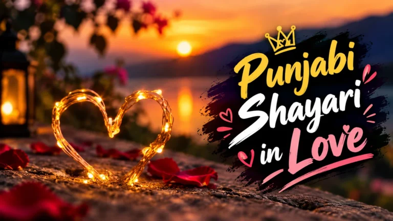 Punjabi Shayari in Love featuring a glowing heart made of fairy lights surrounded by rose petals, with a warm sunset and dreamy romantic background.