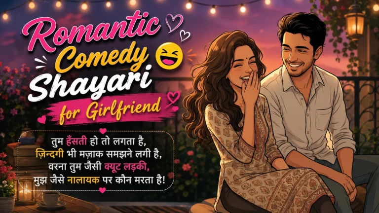 Romantic Comedy Shayari for Girlfriend featured image showing a happy couple laughing together in a cozy romantic setting with playful love-themed typography and hearts.