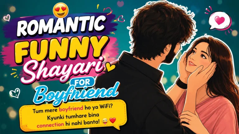 Romantic Funny Shayari for Boyfriend featured image showing a loving couple in a playful romantic moment with colorful text, hearts, emojis, and a vibrant teal background.