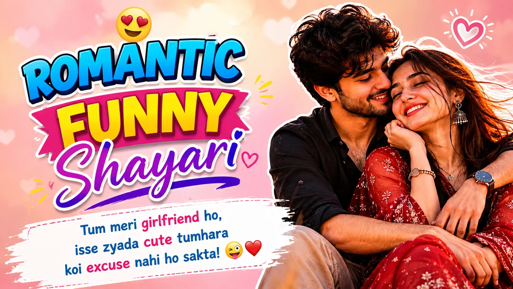 Romantic Shayari Funny featured image showing a happy couple sitting together at sunset, smiling and sharing a romantic moment, with colorful playful typography and hearts.