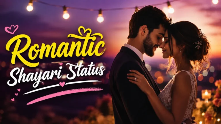 Romantic Shayari Status featuring a loving couple in a warm sunset setting with glowing lights and romantic ambiance.
