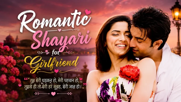 Romantic Shayari for Girlfriend featured image showing a loving South Asian couple embracing at sunset with romantic pink and golden typography