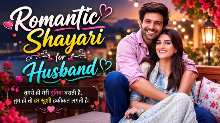 Romantic Shayari for Husband featured image showing a smiling South Asian couple cuddling together in a cozy garden setting with warm lights and colorful romantic typography