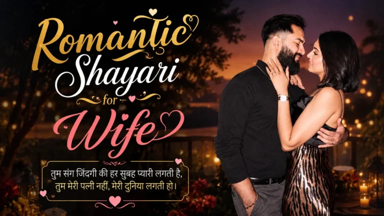 Romantic Shayari for Wife featured image showing a loving couple embracing in a warm candlelit evening setting with romantic gold and pink typography