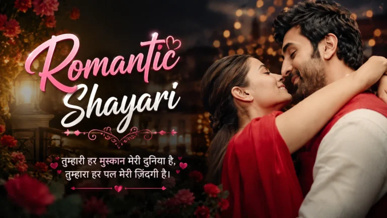 Romantic Shayari in Hindi featured image with a loving South Asian couple embracing romantically under warm evening lights