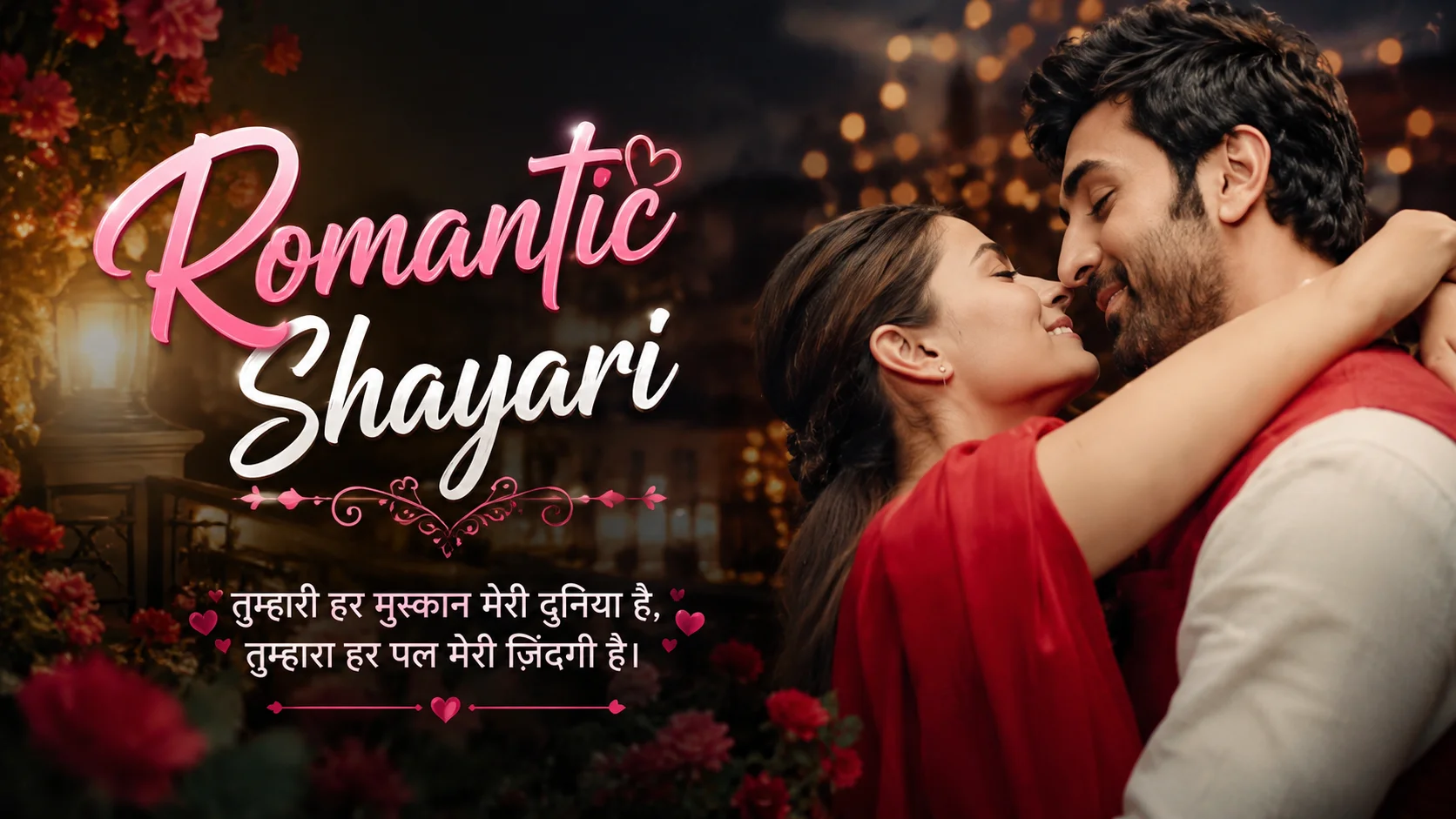 Romantic Shayari in Hindi featured image with a loving South Asian couple embracing romantically under warm evening lights