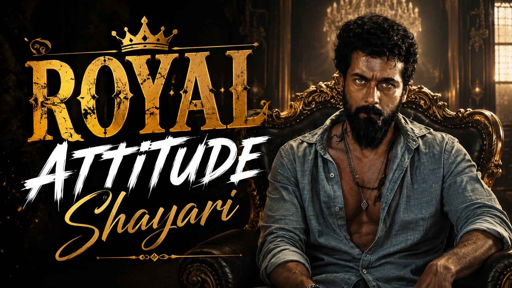 Royal Attitude Shayari feature image with a stylish bearded man sitting on a royal throne.