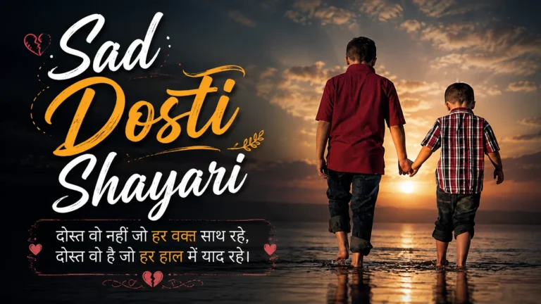 Sad Dosti Shayari featured image showing two friends walking hand in hand toward a beautiful sunset with emotional friendship-themed typography